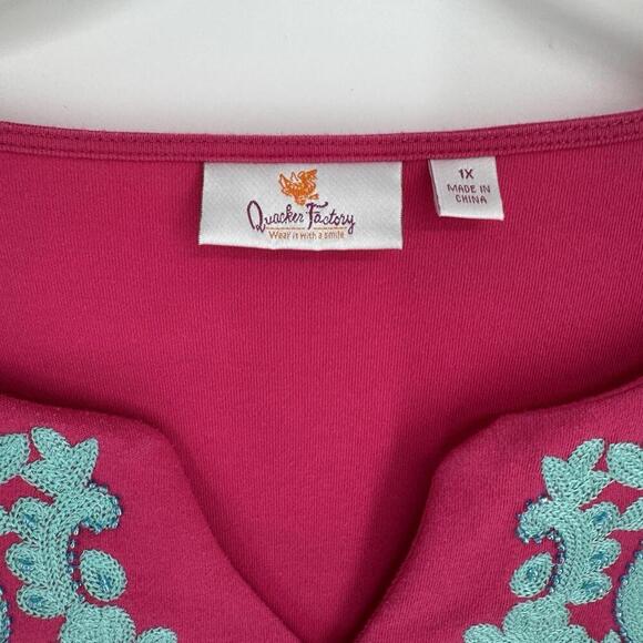 Quacker factory top 1x pink teal embroidered tropical beachy plus blouse shirt - Picture 2 of 5